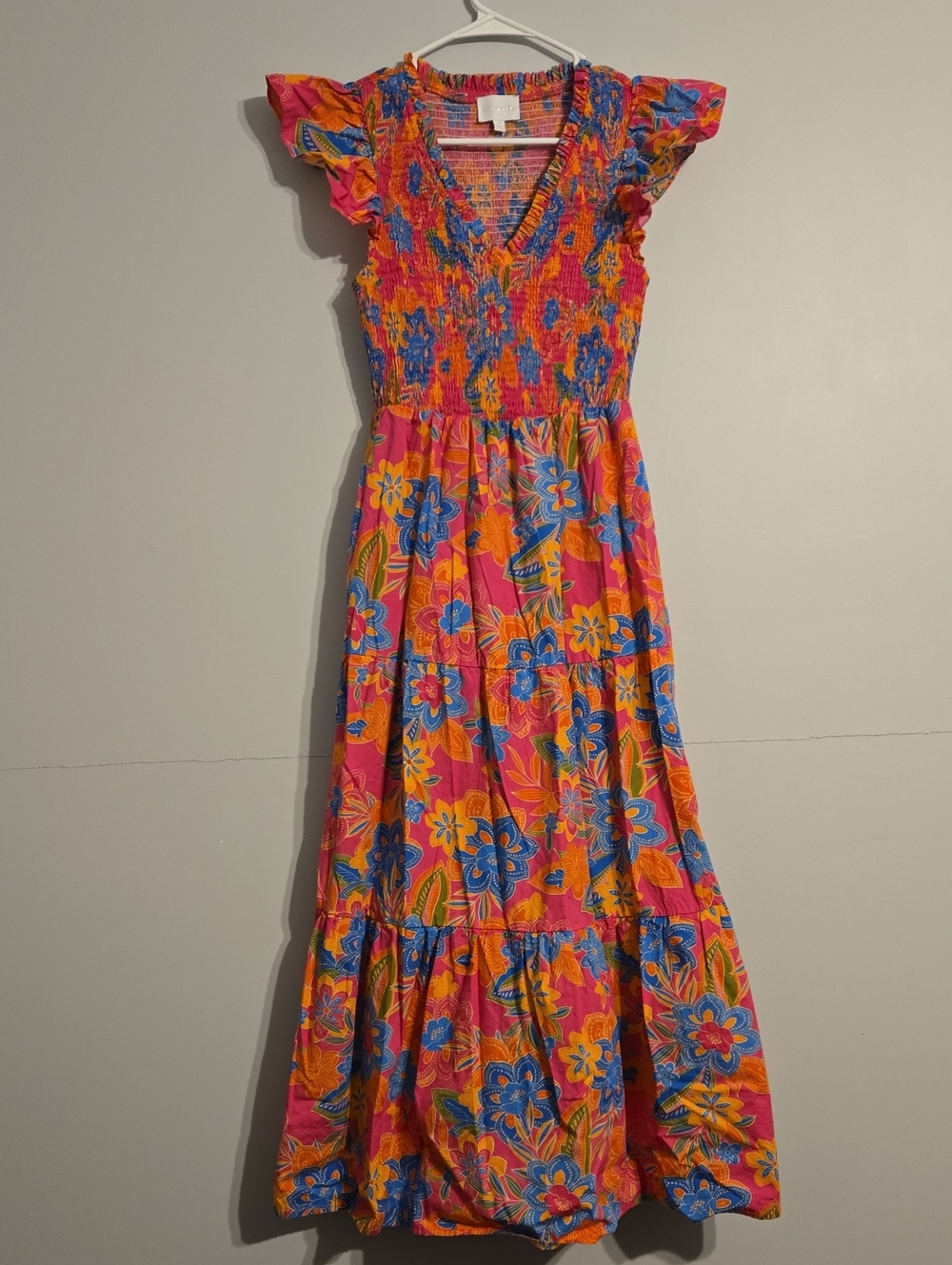 Sugarlips Pink & Orange Floral Smocked Tieres Maxi Dress with Pockets